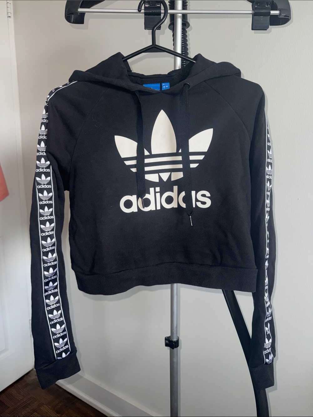 adidas Black Cropped Hoodie with White Trefoil Logo